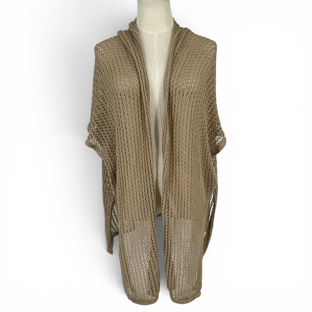 Sonoma Goods For Life Womens Tan Open Knit Hooded Poncho Cardigan L Khaki